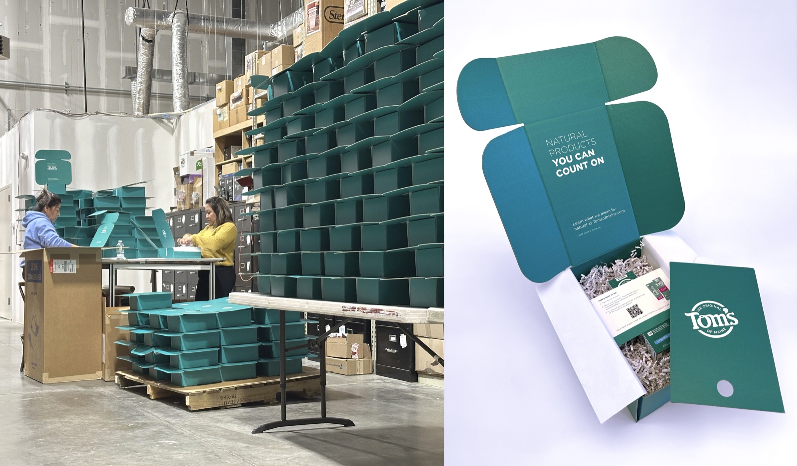 Tom's of Maine influencer box program at HAP — the kitting team assembling teal mailers in the warehouse, alongside the finished box open to reveal branded products, crinkle fill, and a printed insert card