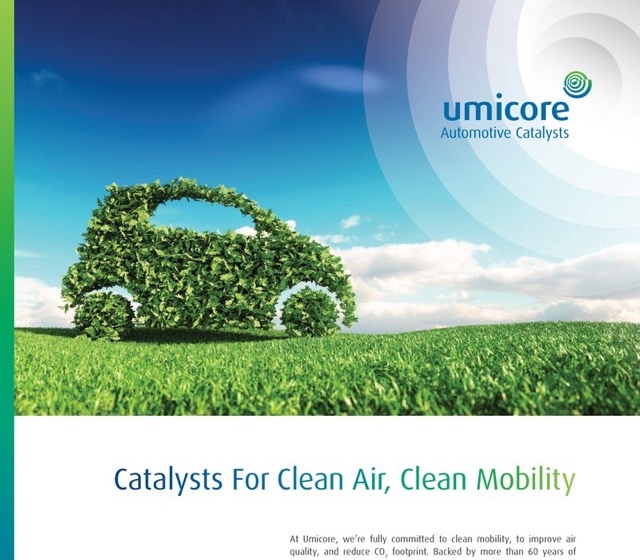 Umicore Automotive Catalysts brochure cover with a car made of green leaves on a grassy field