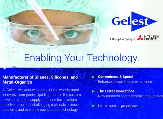 Gelest print ad featuring a lab scientist in goggles using a pipette
