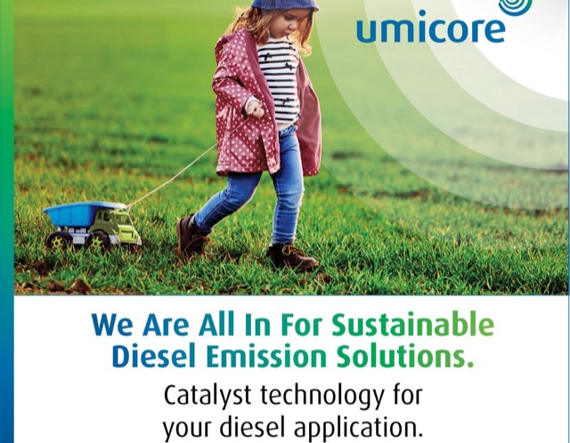 Umicore print ad with a child pulling a toy dump truck across a grassy field